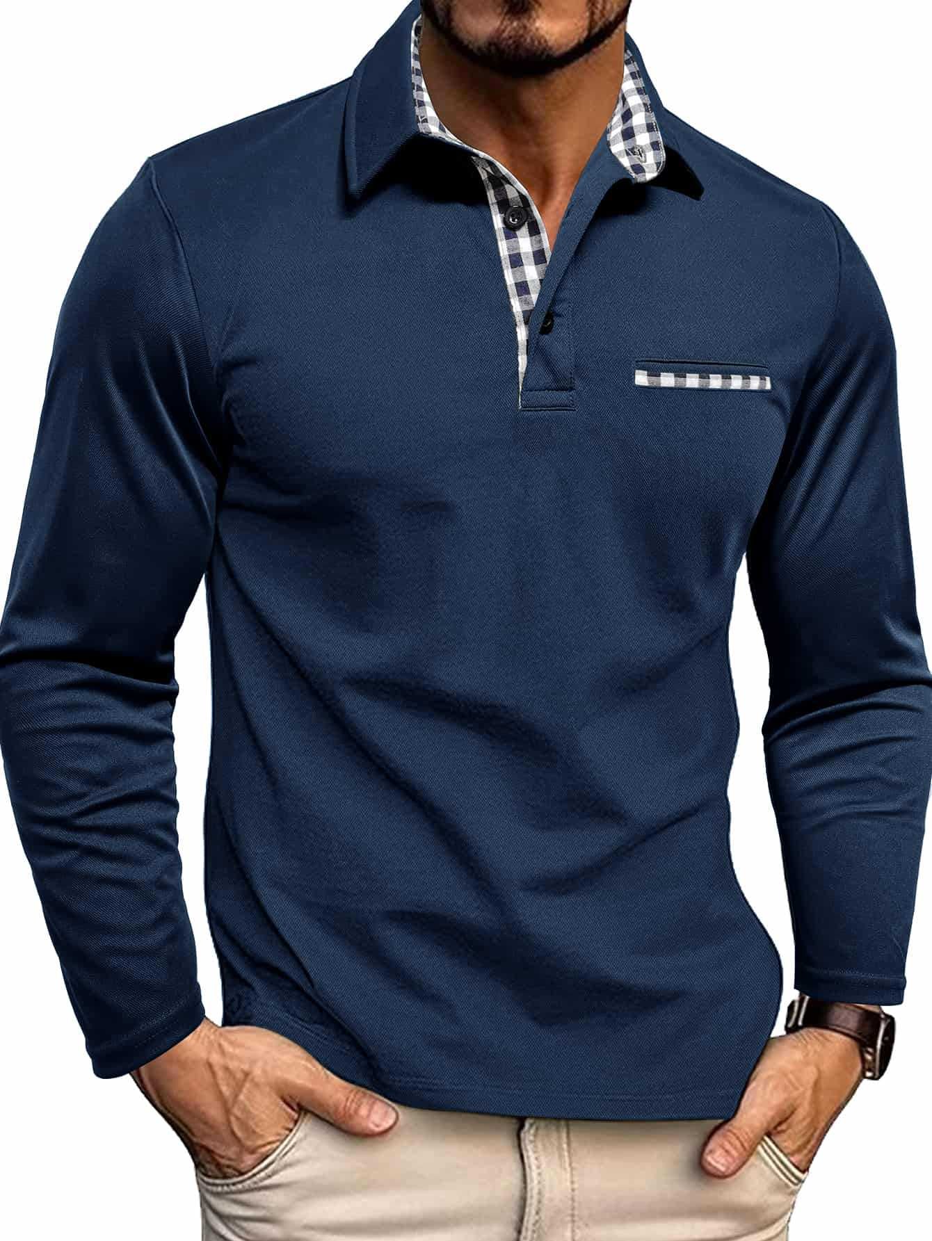 Ekose Detaylı Uzun Kollu Erkek Polo Yaka T-shirt