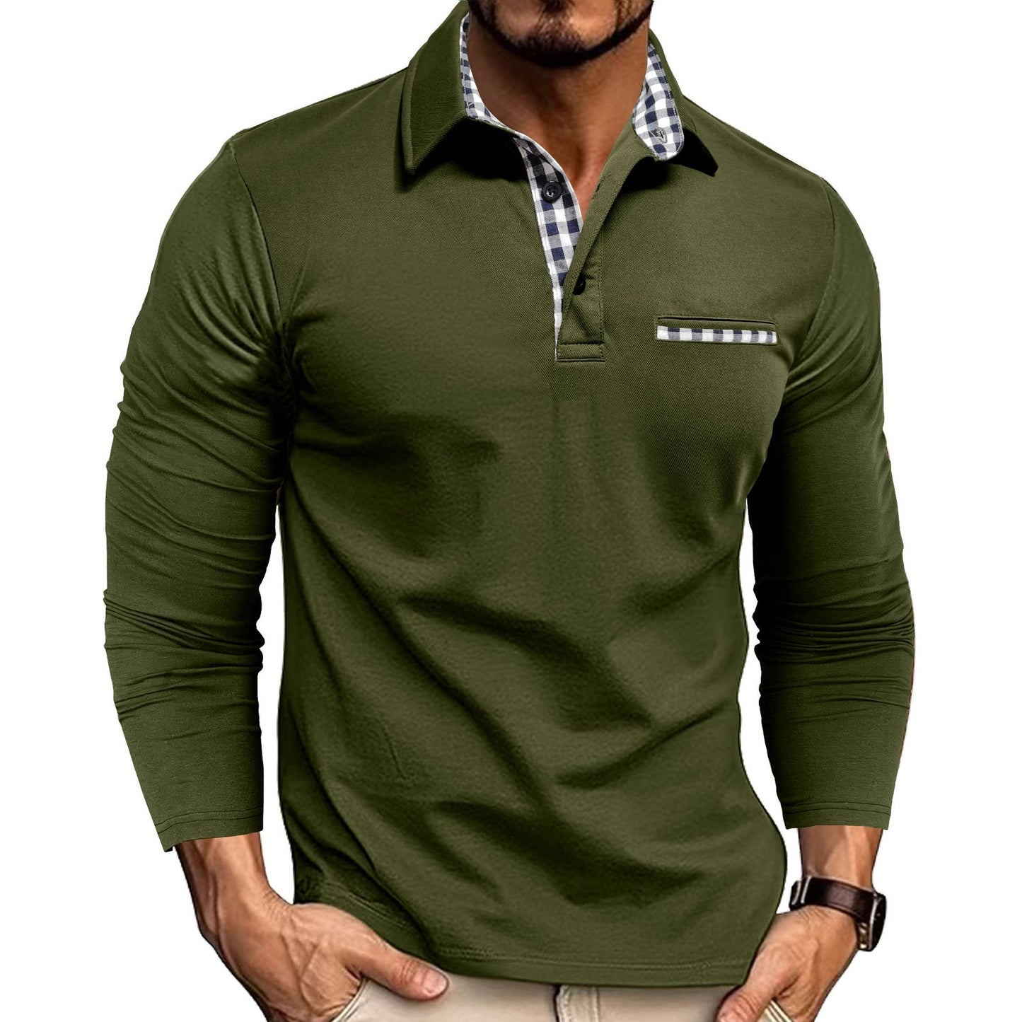 Ekose Detaylı Uzun Kollu Erkek Polo Yaka T-shirt