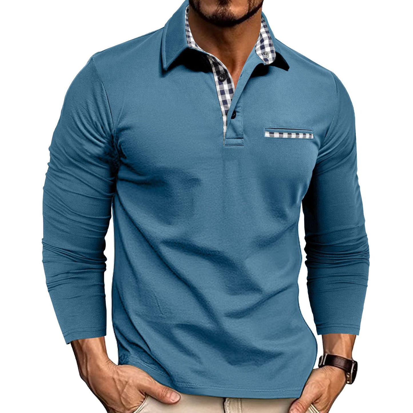 Ekose Detaylı Uzun Kollu Erkek Polo Yaka T-shirt