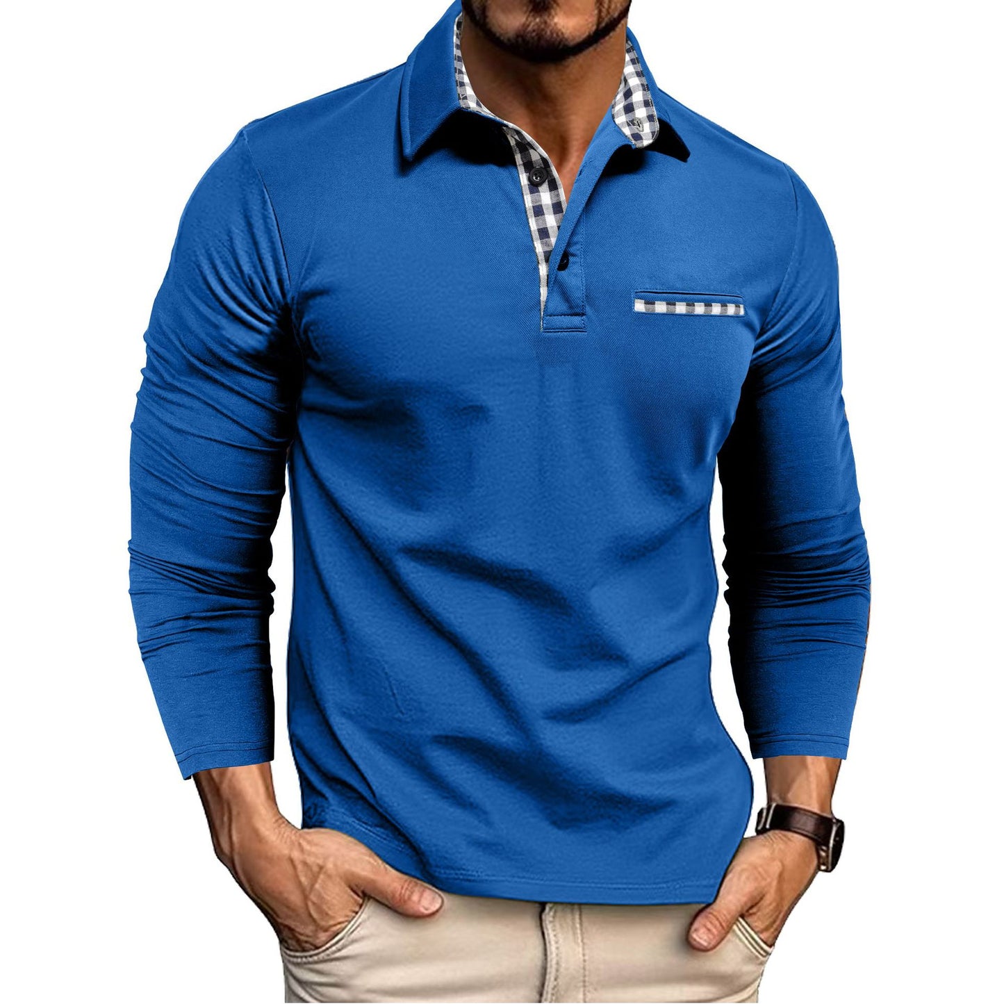 Ekose Detaylı Uzun Kollu Erkek Polo Yaka T-shirt