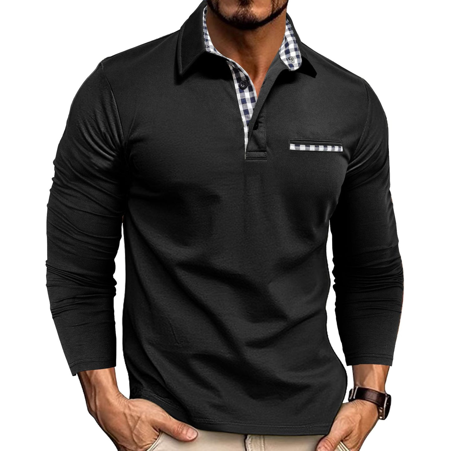 Ekose Detaylı Uzun Kollu Erkek Polo Yaka T-shirt