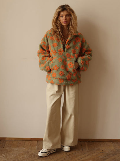 Peluş Çiçek Desenli Yarım Fermuarlı Sweatshirt