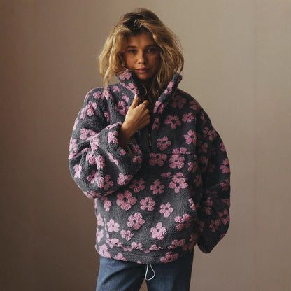 Peluş Çiçek Desenli Yarım Fermuarlı Sweatshirt