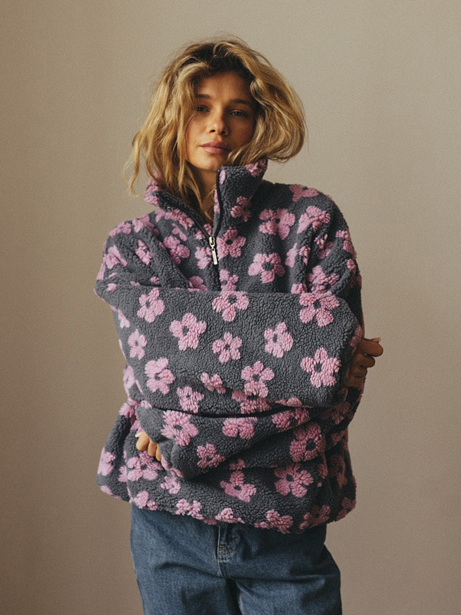 Peluş Çiçek Desenli Yarım Fermuarlı Sweatshirt