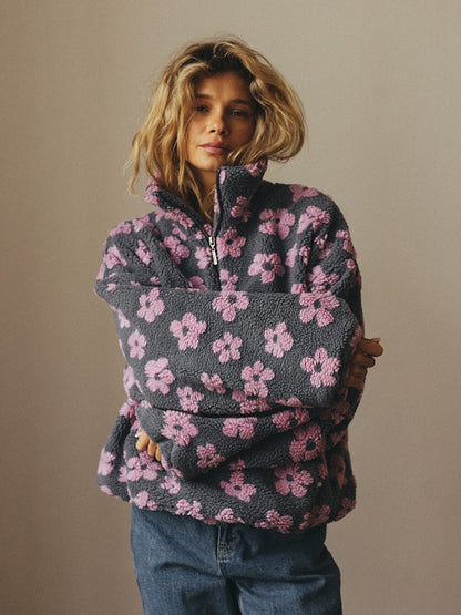 Peluş Çiçek Desenli Yarım Fermuarlı Sweatshirt