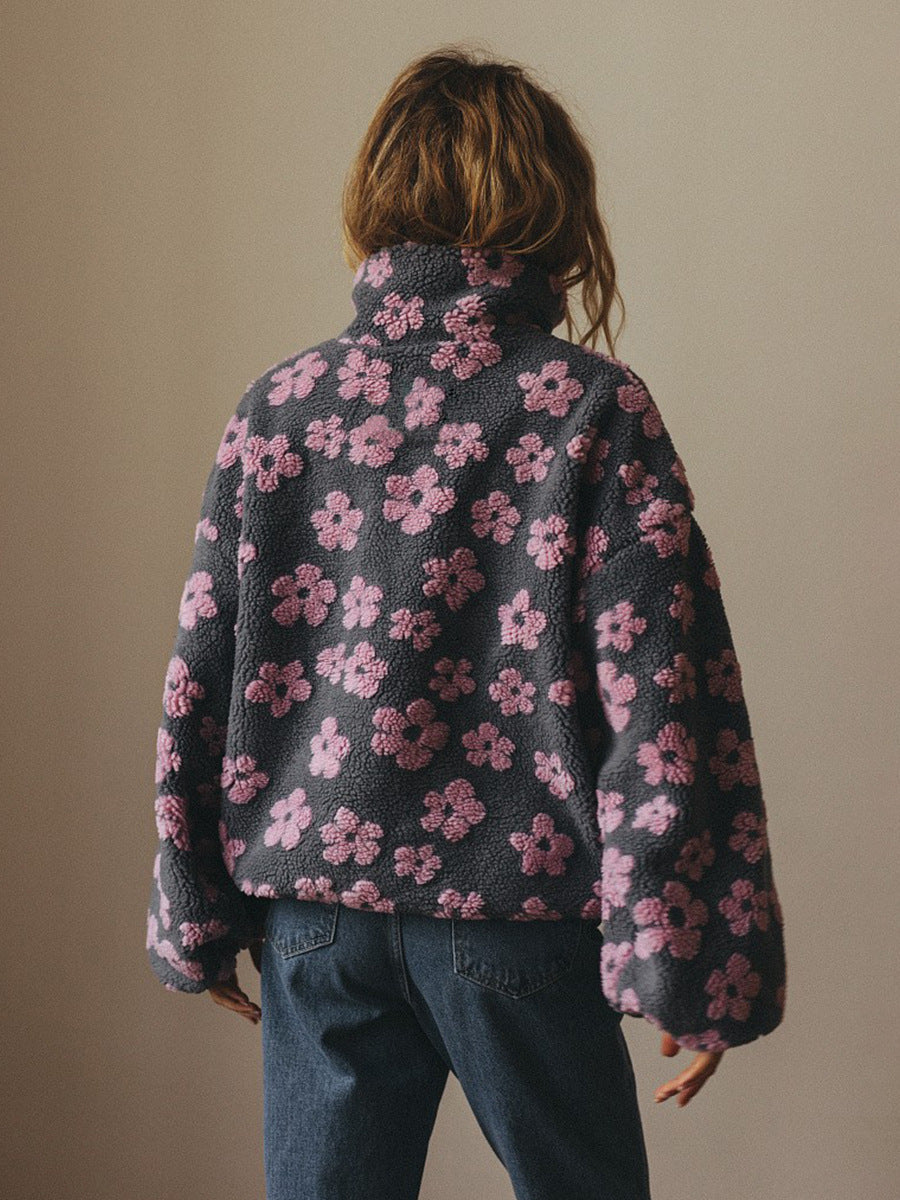 Peluş Çiçek Desenli Yarım Fermuarlı Sweatshirt