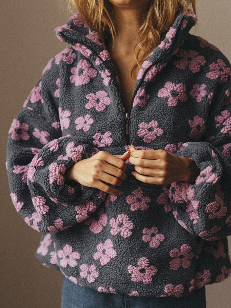 Peluş Çiçek Desenli Yarım Fermuarlı Sweatshirt