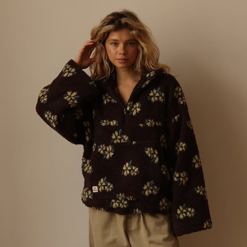 Peluş Çiçek Desenli Yarım Fermuarlı Sweatshirt